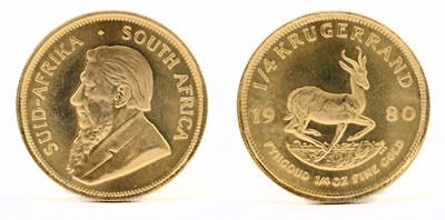 Lot 1884 - A 1980 quarter kruggerand, 1/4 ozt of fine gold.