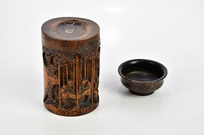 Lot 1196 - A Chinese carved bamboo brush pot and lid...