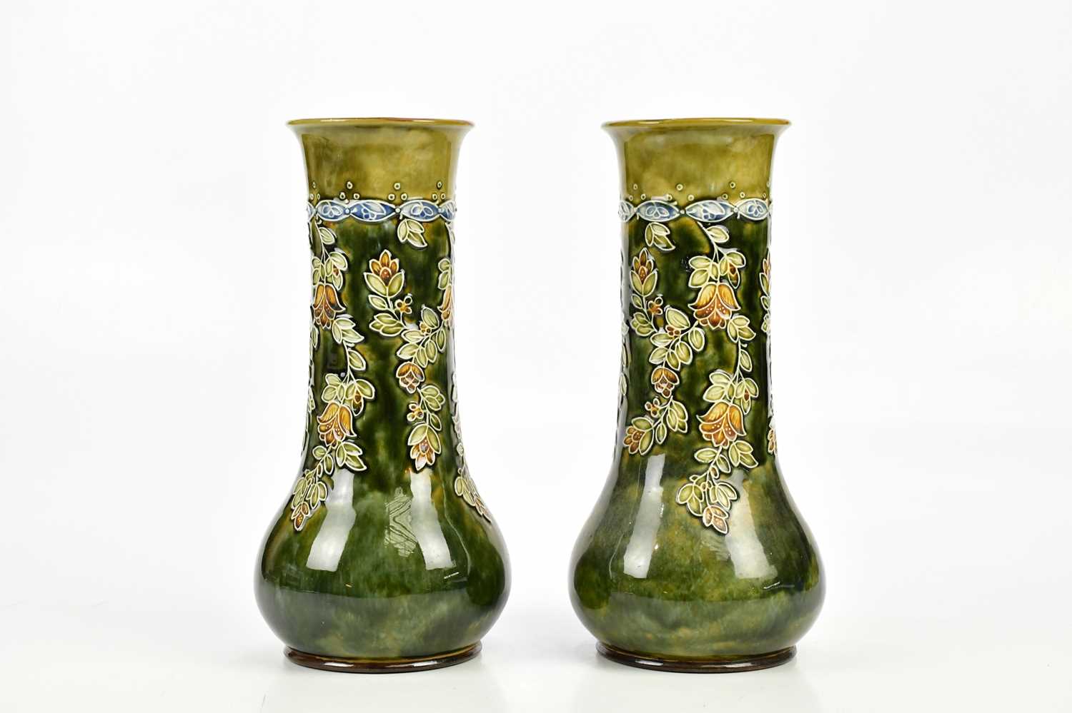Lot 2426 - ROYAL DOULTON; a large pair of Art Ware vases,...