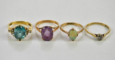 Lot 119 - Four 9ct yellow gold dress rings, approx 12.2g.