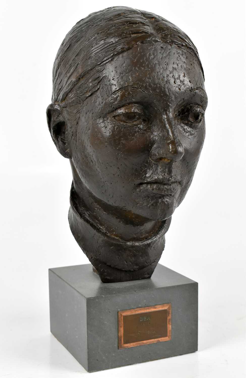 Lot 228 - IAN HANSON; a bronze bust of Bea, on square...