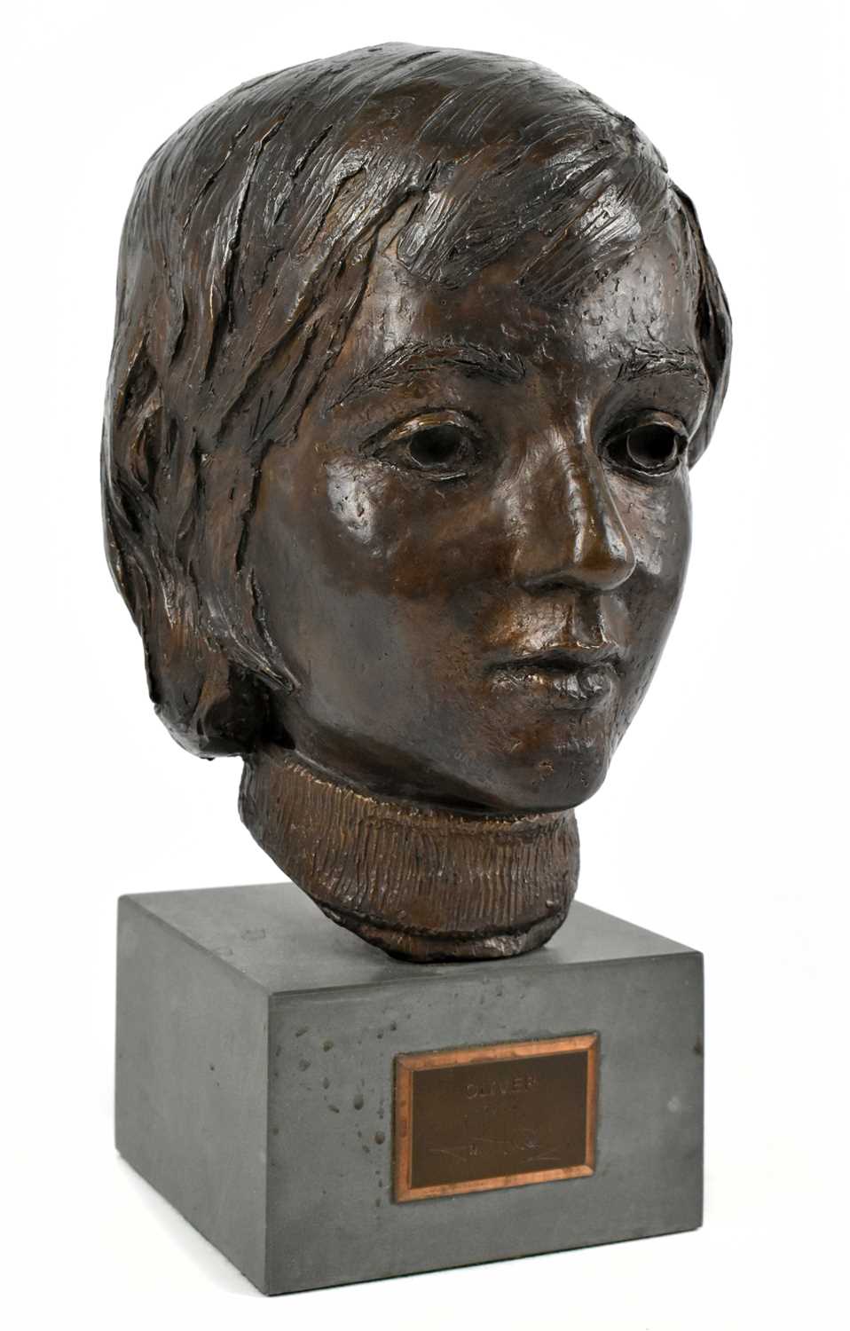 Lot 230 - IAN HANSON; a bronze bust of Oliver, on square...