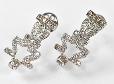 Lot 1100 - A pair of Art Deco style 18ct white gold drop...