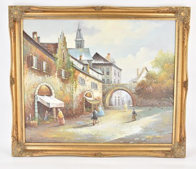 Lot 492 - HENRY MOIR; oil on board, Continental town...