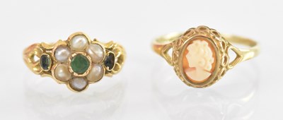 Lot 1356 - A 9ct yellow gold seed pearl and green stone...