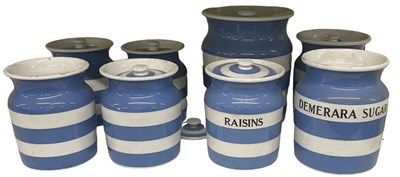 Lot 611 - CORNISHWARE; a group of eight blue and white...