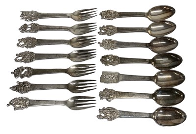 Lot 1111 - A set of seven Danish silver forks with...