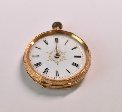 Lot 654 - An 18ct yellow gold open face fob watch with...