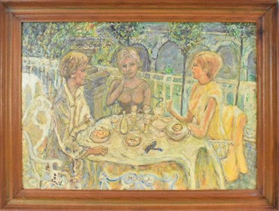 Lot 206 - PAUL MILLAR; oil on board, 'Three Women', tea...