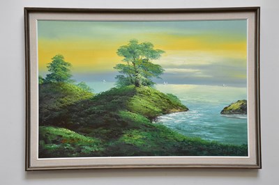 Lot 843 - E WILSON; oil on canvas, coastal scene, signed...