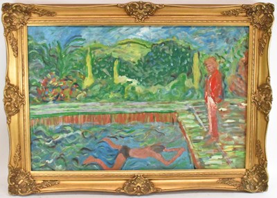 Lot 132 - PAUL MILLAR; oil on board, 'Two figures in a...