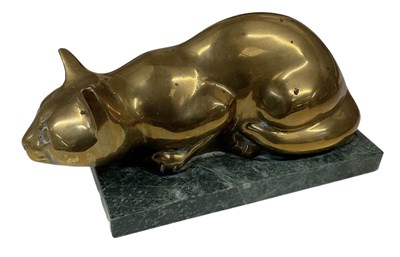 Lot 697 - A modern brass model of a cat on green marble...