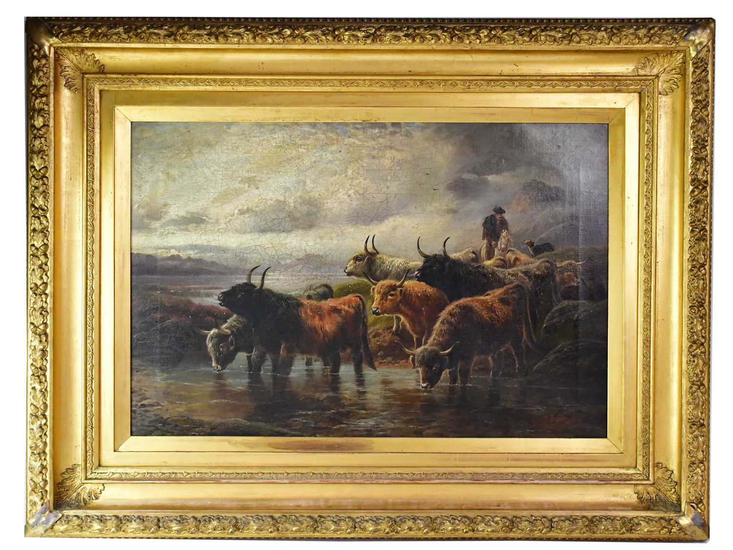 Lot 535 - R. WATSON; oil on canvas, cows drinking from a...