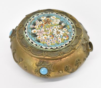 Lot 363 - A small brass micromosaic topped lidded...