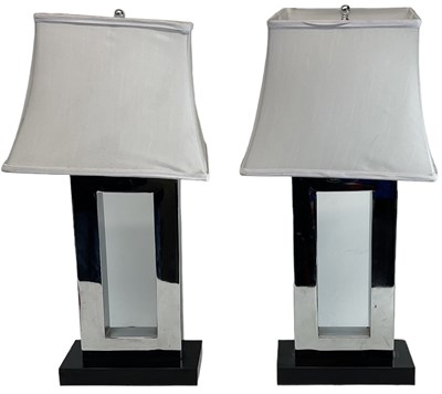 Lot 89 - A pair of modern chrome square table lamps...