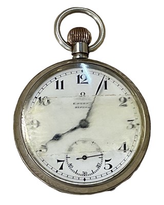 Lot 1453 - OMEGA; a white metal cased pocket watch, the...