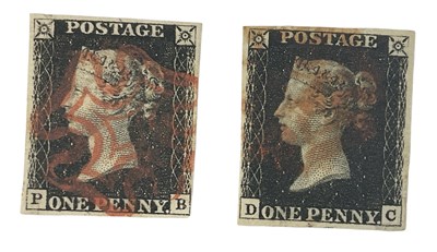 Lot 463 - Two four margin Penny Black stamps.