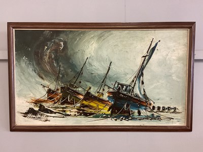 Lot 440 - BILL HAWKES; oil, fishing boats, signed lower...