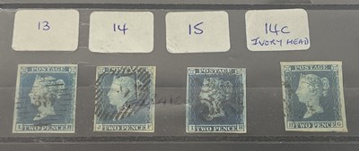 Lot 487 - Four 1841 2d blue stamps.