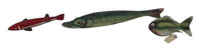 Lot 373 - Two painted wooden fish decoys and a metal...