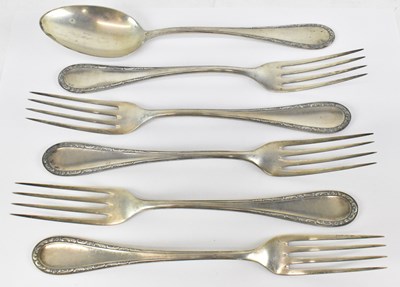 Lot 1127 - A set of five German 800 grade silver forks...