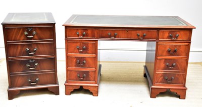 Lot 1078 - A reproduction yew wood pedestal desk, height...