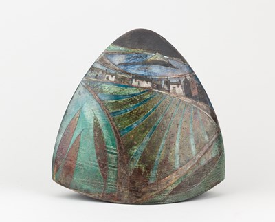 Lot 378 - LINDSEY WALSH; a triangular raku rocking...