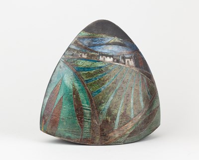 Lot 378 - LINDSEY WALSH; a triangular raku rocking...