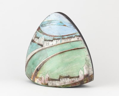 Lot 378 - LINDSEY WALSH; a triangular raku rocking...