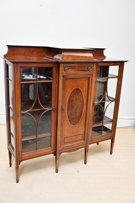 Lot 1204 - An Edwardian inlaid display cabinet with two...