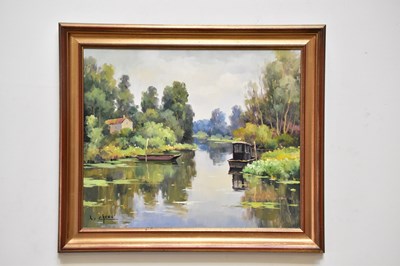 Lot 782 - L CHENU; oil on canvas, river scene, signed...