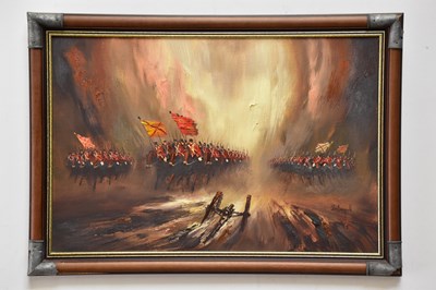 Lot 847 - JOHN BAMPFIELD; oil on canvas, soldiers,...