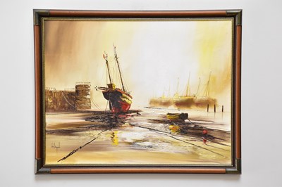 Lot 854 - JOHN BAMPFIELD; oil on canvas, moored boat,...