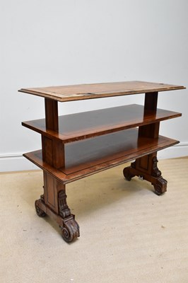 Lot 1199 - A Victorian oak and ebony inlaid three tier...