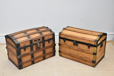 Lot 1230 - Two metal bound dome top cabin trunks, width...