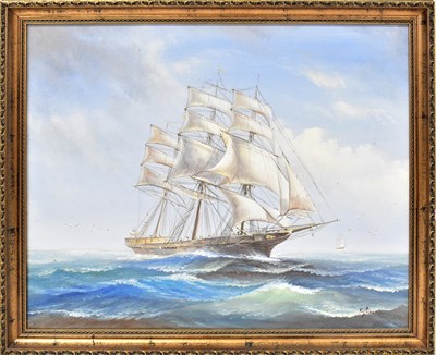 Lot 206 - GREEN; acrylic on canvas, tall-masted ship on...