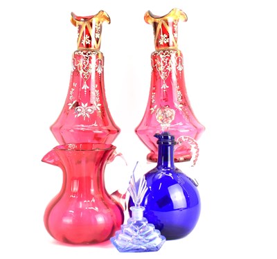 Lot 398 - A pair of Victorian cranberry glass vases with...