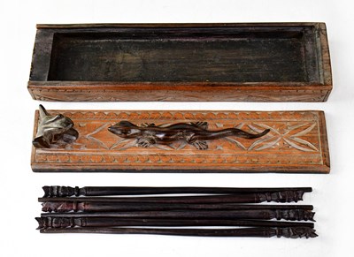 Lot 214 - Three pairs of carved hardwood chopsticks with...