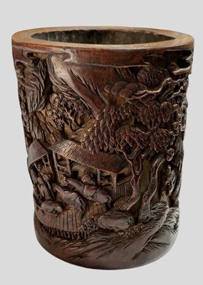 Lot 1025 - A 19th century Chinese carved bamboo brush pot,...