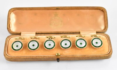 Lot 863 - A cased set of six gold plated and green...