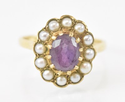 Lot 848 - A 9ct yellow gold amethyst and seed pearl set...