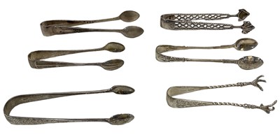 Lot 657 - Six pairs of Victorian and later sugar tongs,...