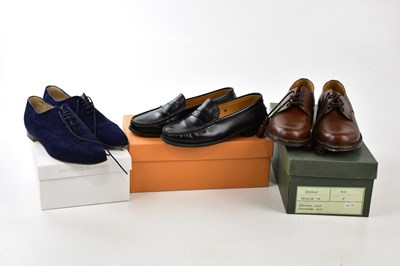 Lot 931 - MANOLO BLAHNIK; a pair of handmade navy blue...