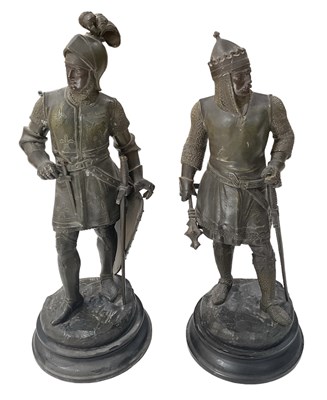 Lot 517 - A pair of spelter figures of knights, height...