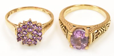 Lot 1183 - Two 9ct yellow gold dress rings with amethyst...