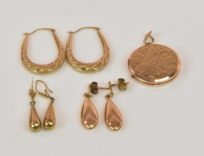 Lot 1273 - Three pairs of 9ct gold and yellow metal...