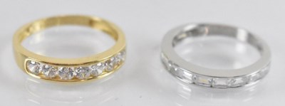 Lot 802 - A 9ct yellow gold white stone set ring, size N,...