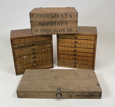 Lot 41 - Two wooden sample cabinets, a sardine box and...