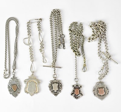 Lot 1303 - Four hallmarked silver Albert watch chains,...