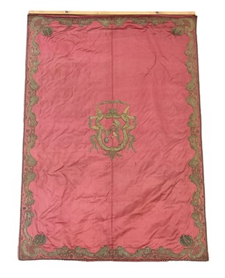 Lot 396 - A 19th century red silk embroidered wall...